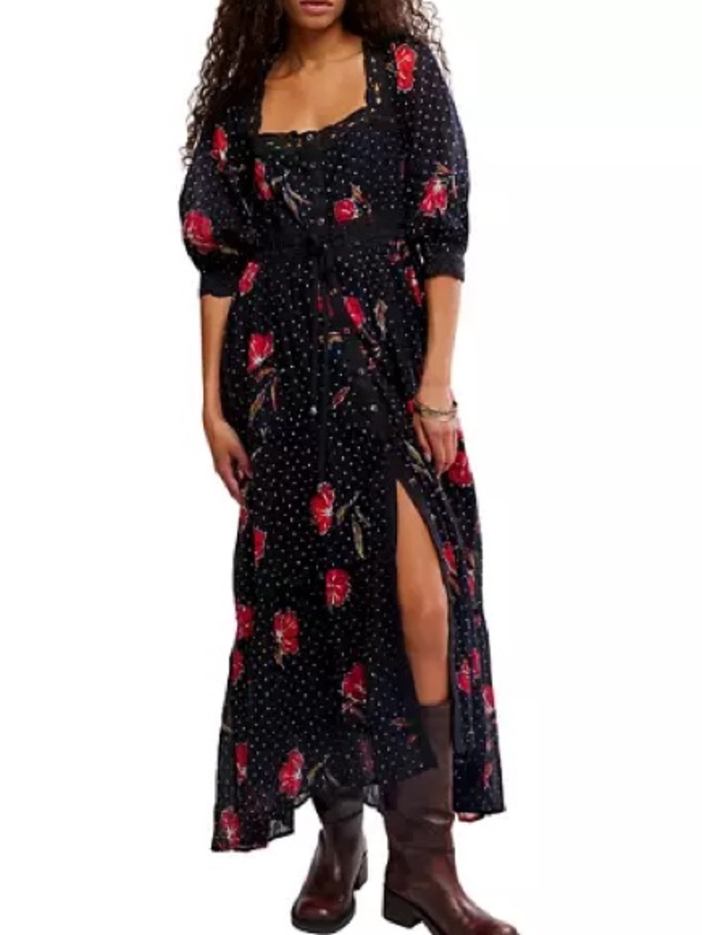 Free People Morning Meadows Lace Long Sleeve Black Floral Maxi Dress NEW NWT